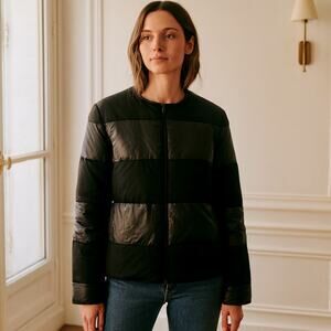 ST. JOHN Reversible Down Duck Feather Puffer Jacket in Caviar Multi $1195